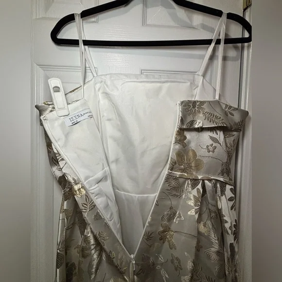 NWT IEENA FOR MAC DUGGAL SZ 10 WHITE/GOLD STRAPLESS BROCADE FLORAL DRESS #49619 - Picture 5 of 9